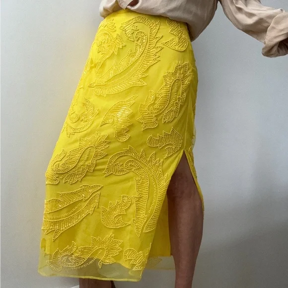 NWT Lauren Ralph Lauren Beaded Mesh Midi Skirt in Lemon Yellow Sz 6 Retail $295 - Picture 3 of 5